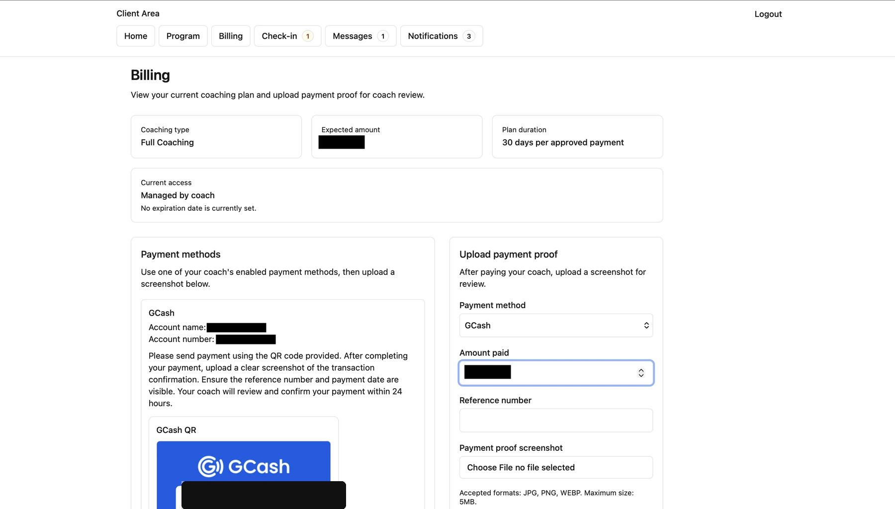 MOREE.FIT billing workflow with payment proof upload and coaching access details.