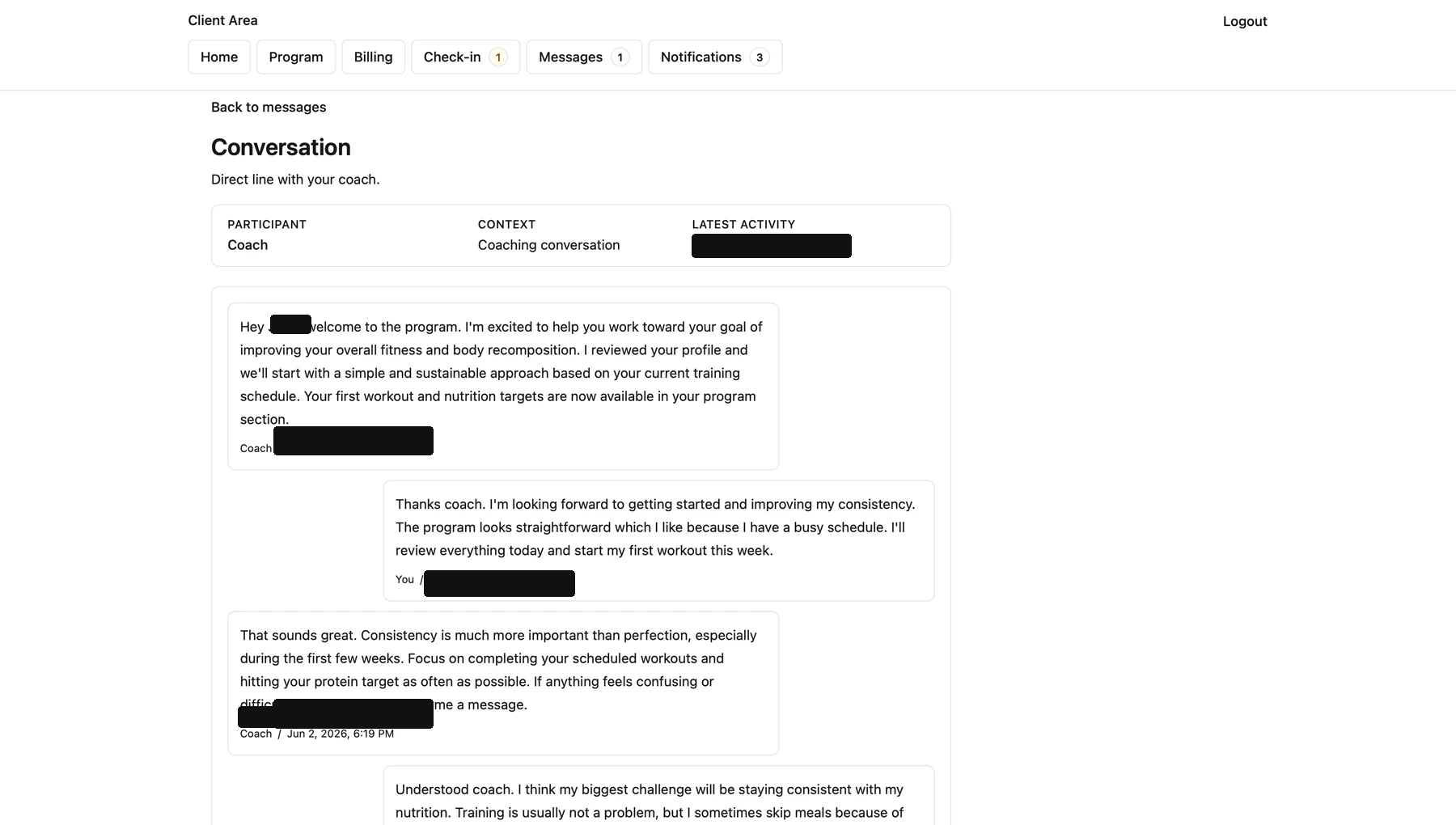 MOREE.FIT coach-client conversation view.
